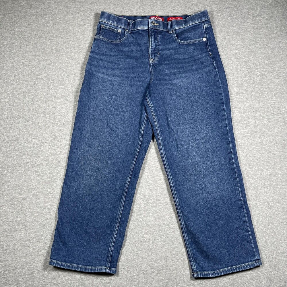Spanx Jeans Womens XL Petite Blue Wide Leg High Rise Stretch Shaping Denim Baggy